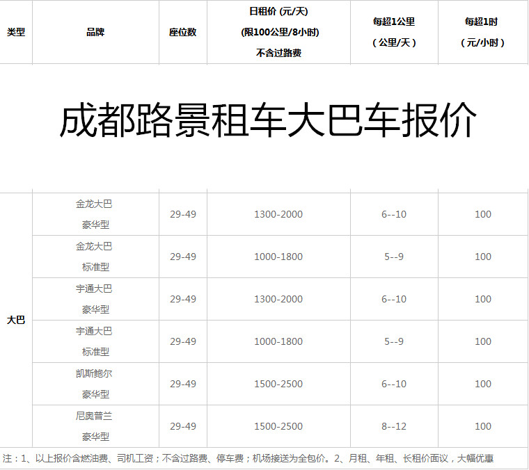 成都路景旅游大巴車租賃價(jià)格表